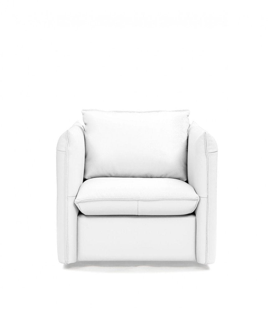 36" White And Silver Genuine Leather Swivel Lounge Chair