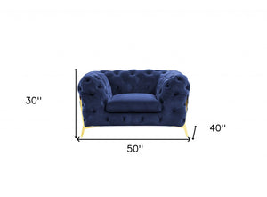 50" Blue And Gold Velvet Tufted Lounge Chair