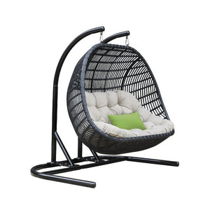 69" Beige and Black Aluminum Indoor Outdoor Swing Chair with Beige Cushion