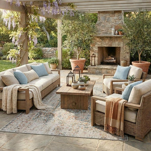 5' X 8' Beige Abstract Stain Resistant Indoor Outdoor Area Rug