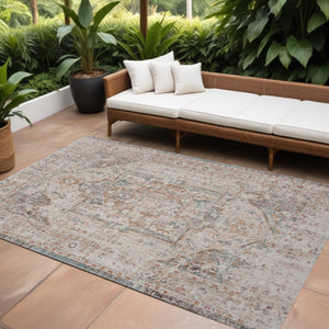 9' X 12' Beige Floral Stain Resistant Indoor Outdoor Area Rug