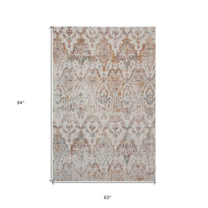 5' X 8' Beige Damask Stain Resistant Indoor Outdoor Area Rug