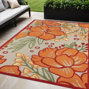 5' X 8' Orange And Ivory Handmade Indoor Outdoor Area Rug