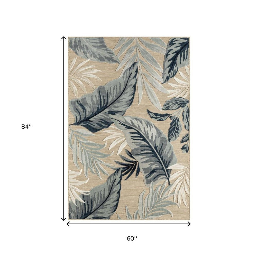 5' X 7' Blue And Beige Indoor Outdoor Area Rug