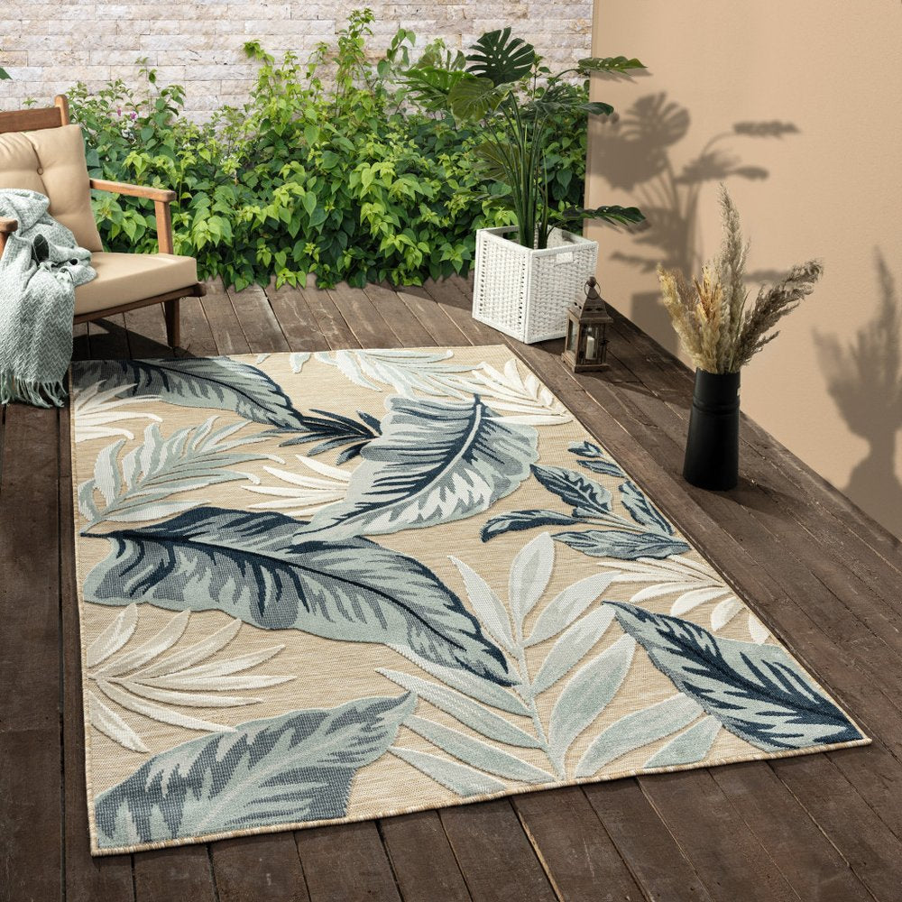 5' X 7' Blue And Beige Indoor Outdoor Area Rug