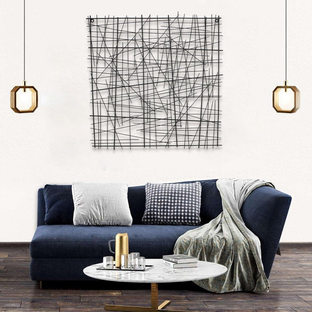 32" X 32" Black Handcrafted Abstract Lines Metal Hanging Dimensional Sculpture
