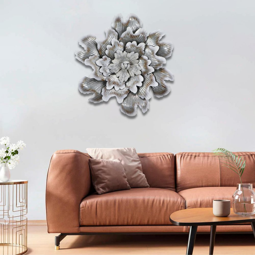 27" X 27" Gray and Off White Galvanized Metal Flower Hanging Dimensional Sculpture