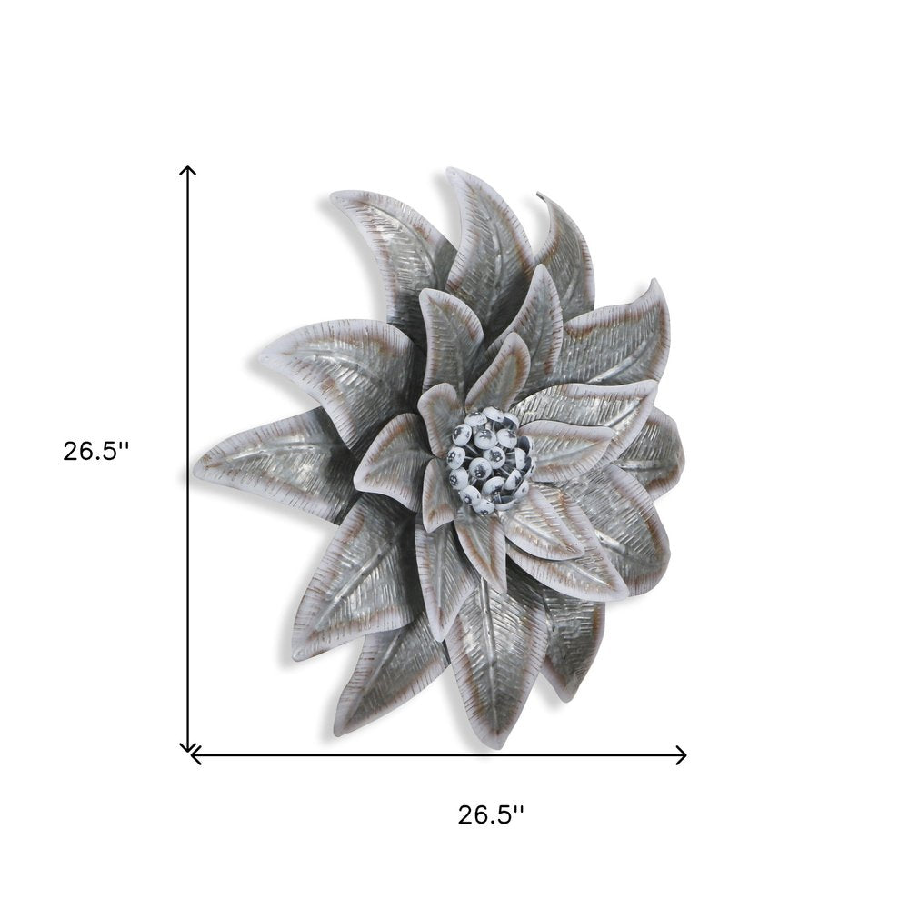27" X 27" Gray and Off White Galvanized Metal Flower Hanging Dimensional Sculpture