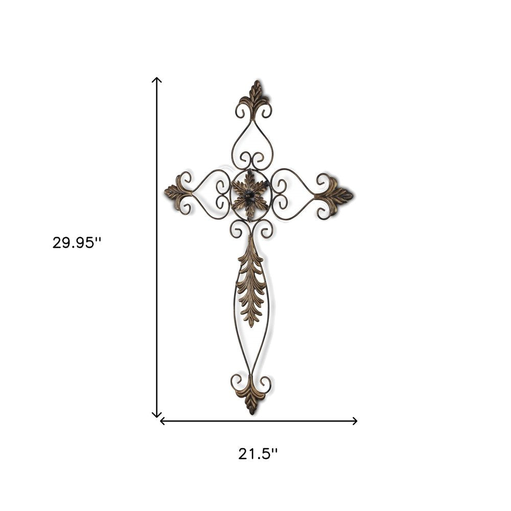 30" X 22" Bronze Floral Cross Metal Hanging Dimensional Sculpture