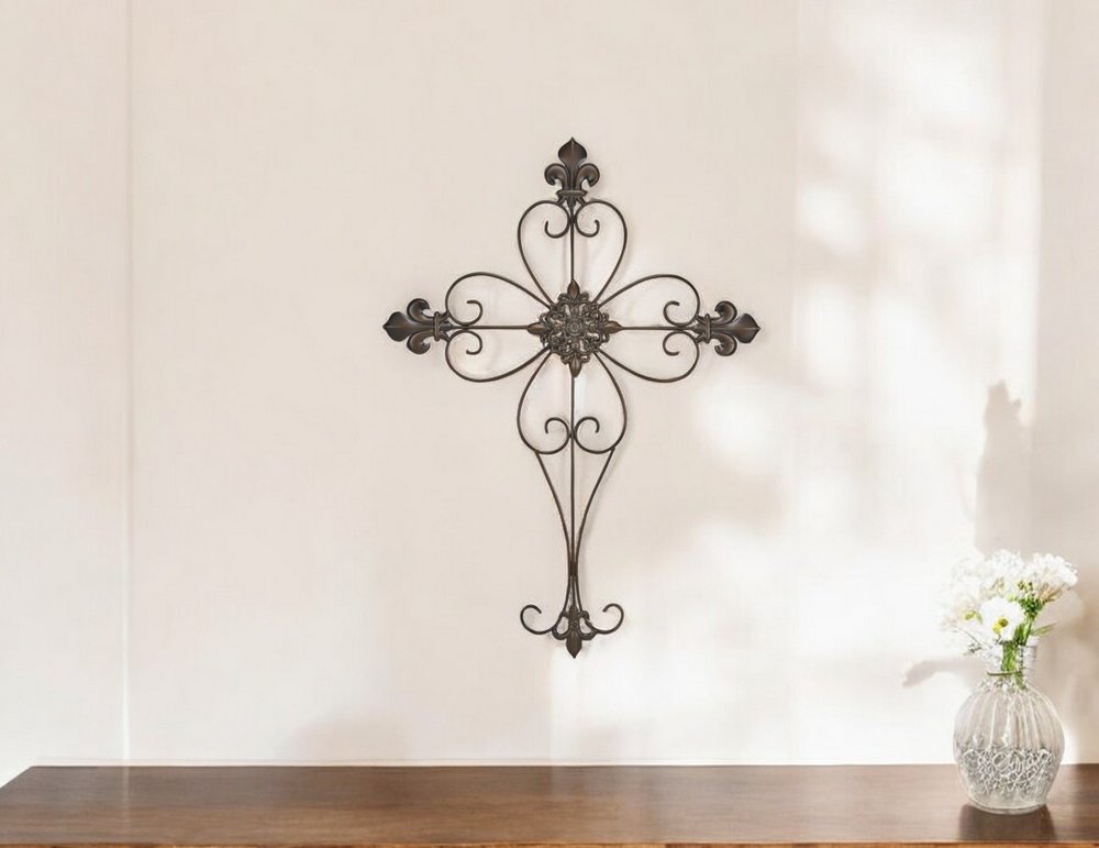 29" X 22" Bronze Metal Hanging Wall Cross Dimensional Sculpture