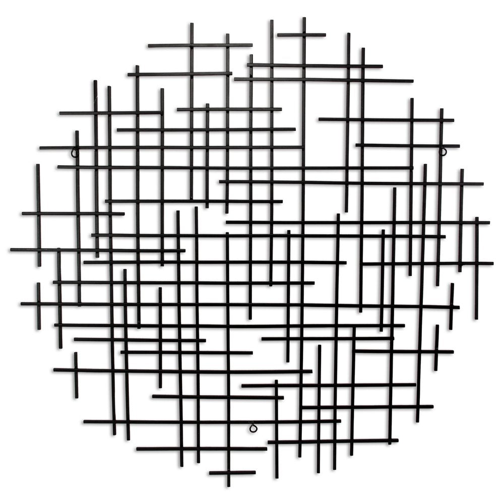 37" X 38" Black Metal Abstract Lines Round Hanging Dimensional Sculpture