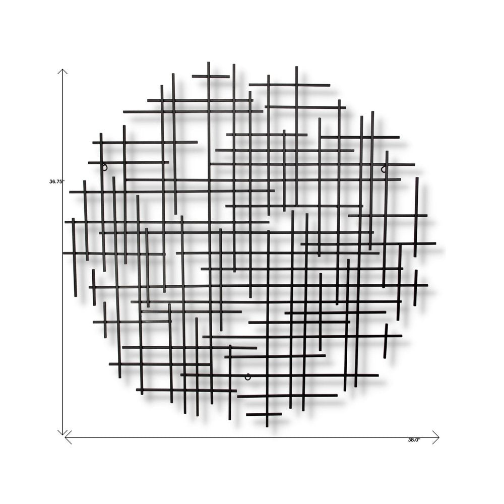 37" X 38" Black Metal Abstract Lines Round Hanging Dimensional Sculpture