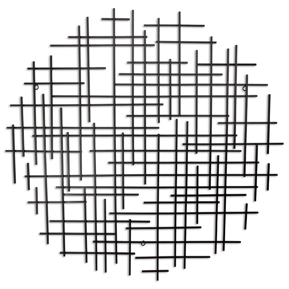 37" X 38" Black Metal Abstract Lines Round Hanging Dimensional Sculpture
