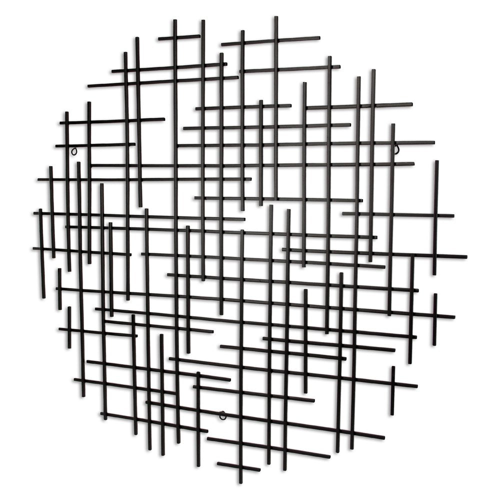 37" X 38" Black Metal Abstract Lines Round Hanging Dimensional Sculpture