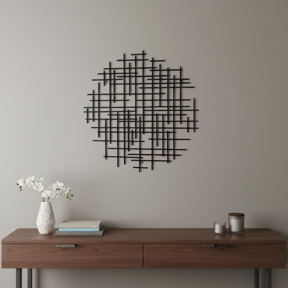 30" X 30" Black Metal Abstract Lines Round Hanging Dimensional Sculpture