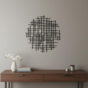 30" X 30" Black Metal Abstract Lines Round Hanging Dimensional Sculpture