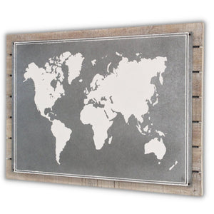 25" X 34" Brown and Gray Wood and Metal World Map Hanging Dimensional Sculpture