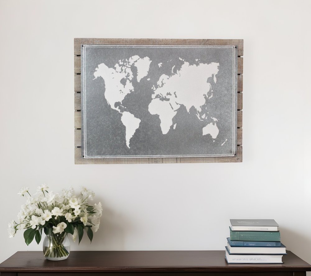 25" X 34" Brown and Gray Wood and Metal World Map Hanging Dimensional Sculpture