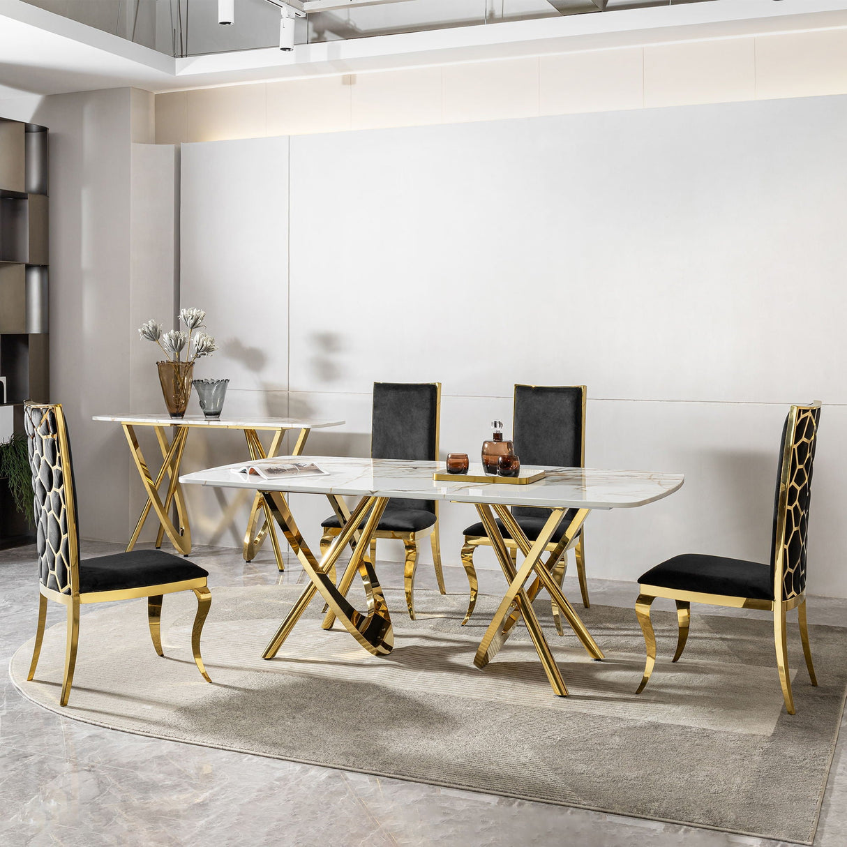 Marble Pattern Dining Table With Stainless Steel Base, Rectangular, Seats 6 Or 8 - Gold by Couch.com