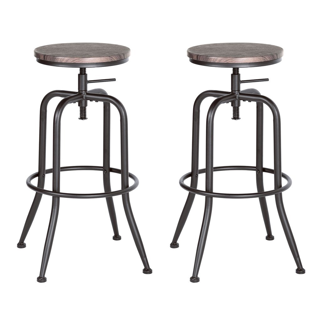 Set of Two Brown And Black Solid Wood And Steel Backless Counter Height Swivel Bar Chairs