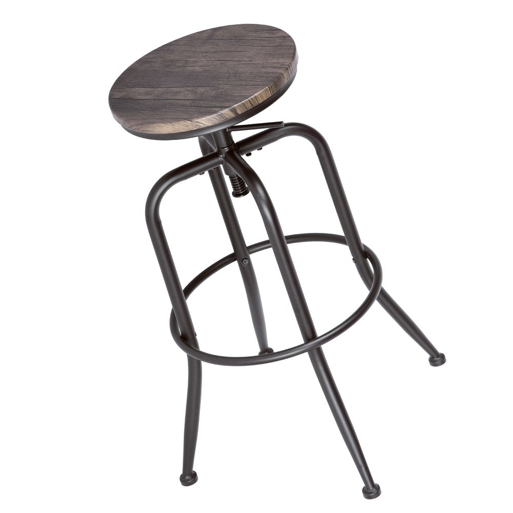 Set of Two Brown And Black Solid Wood And Steel Backless Counter Height Swivel Bar Chairs