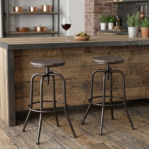 Set of Two Brown And Black Solid Wood And Steel Backless Counter Height Swivel Bar Chairs