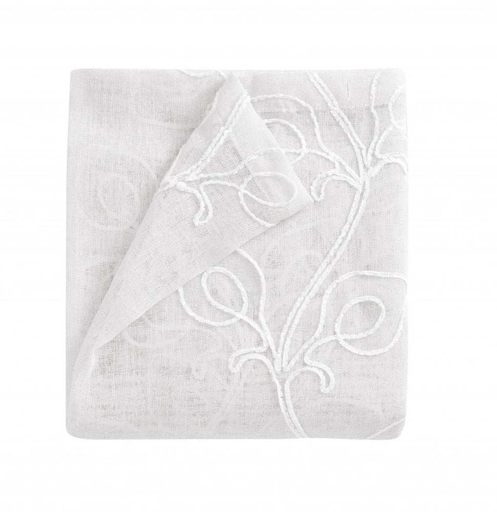 72" White Floral Faux Linen Shower Curtain With Embroidery