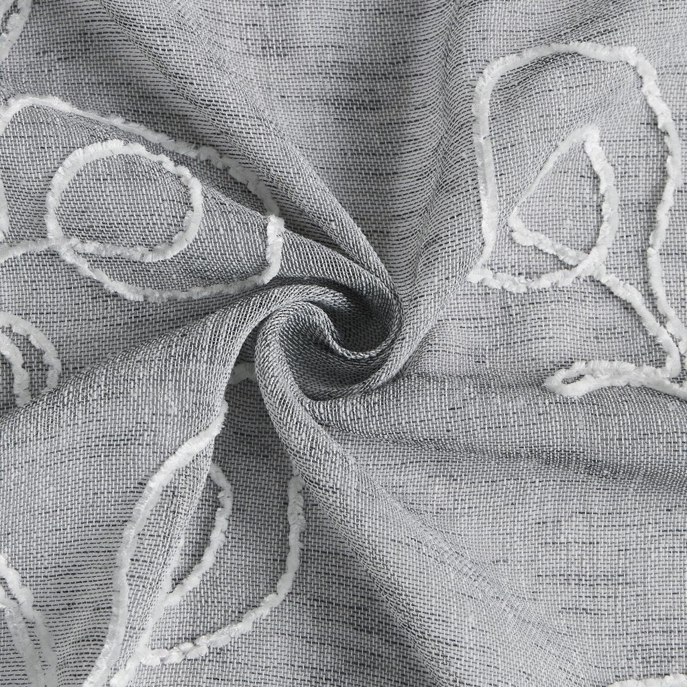 72" Gray Floral Faux Linen Shower Curtain With Embroidery