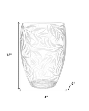 12" Clear and Frosted Leaf Pattern Oval Crystal Table Vase