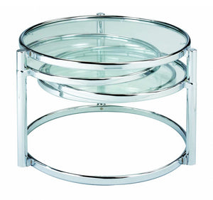 60" Clear And Silver Glass And Steel Round Nested Coffee Tables With Three Shelves