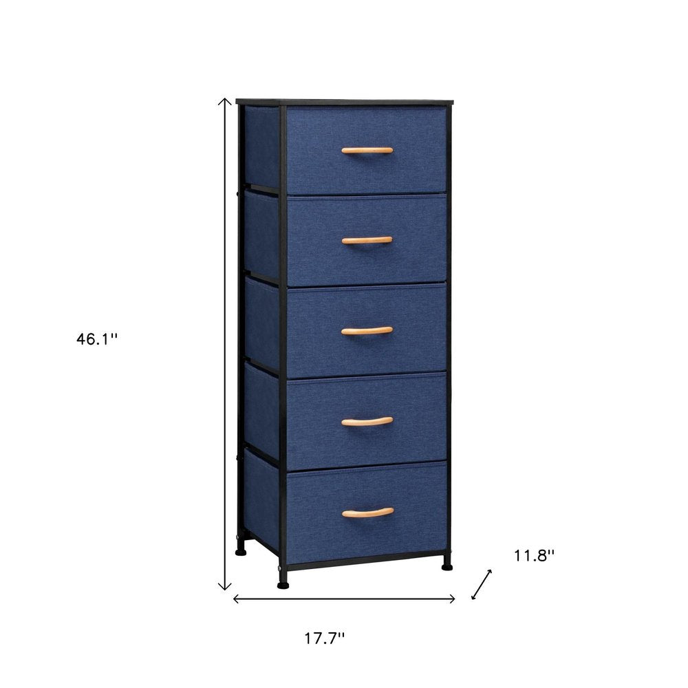 18" Blue and Black Steel and Fabric Five Drawer Chest