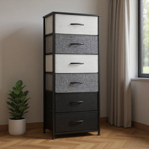 18" Gray and Black Steel and Fabric Six Drawer Chest