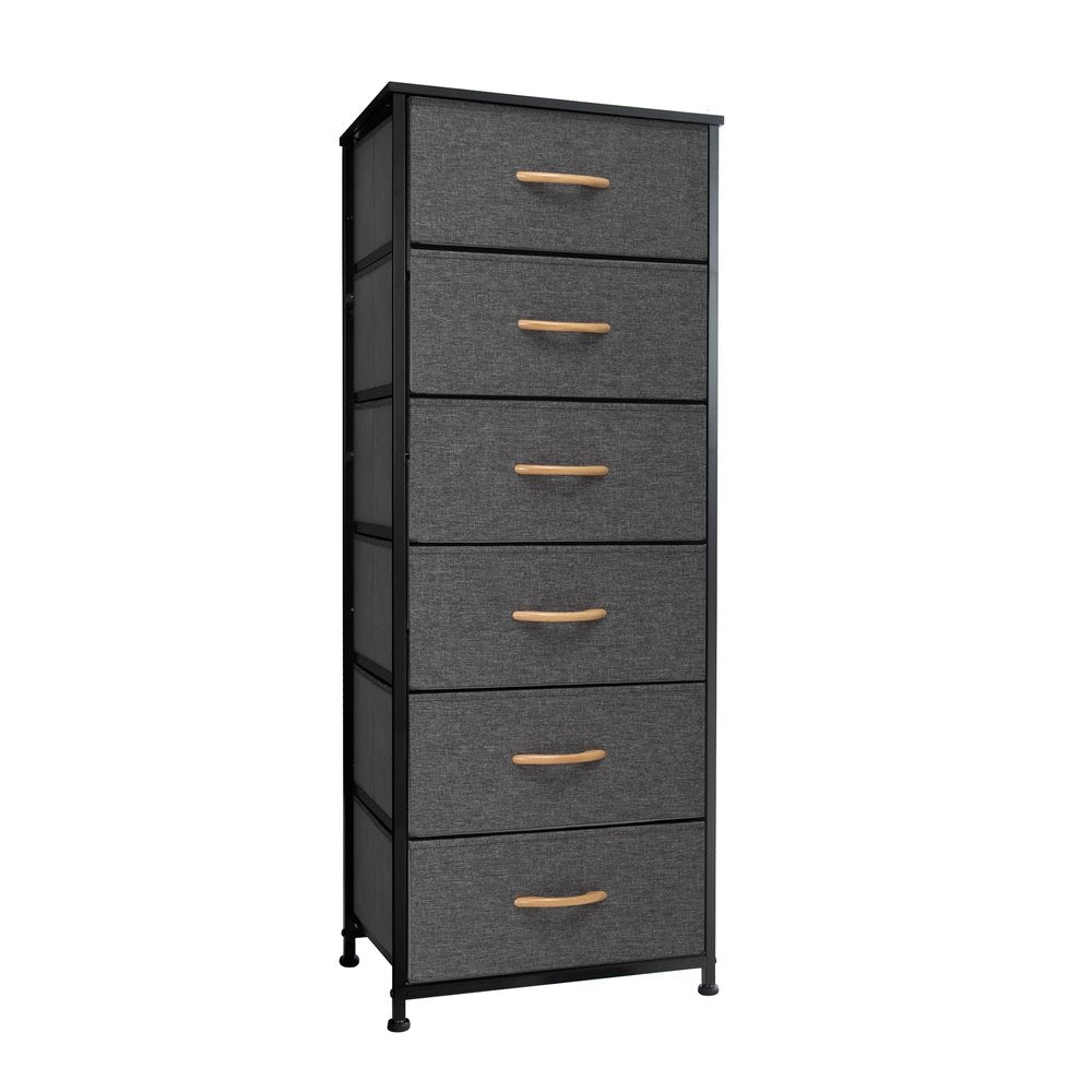 18" Gray And Black Steel And Fabric Six Drawer Dresser