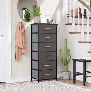 18" Gray And Black Steel And Fabric Six Drawer Dresser