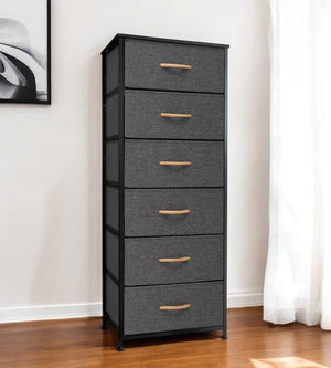 18" Gray And Black Steel And Fabric Six Drawer Dresser