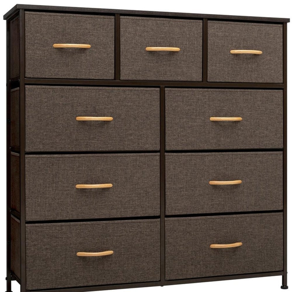 39" Brown Wood Steel And Fabric Nine Drawer Double Dresser