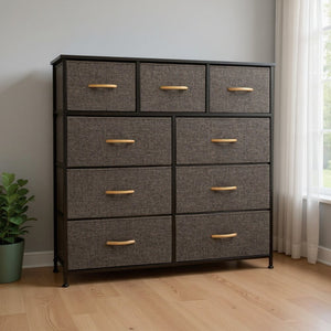 39" Brown Wood Steel And Fabric Nine Drawer Double Dresser