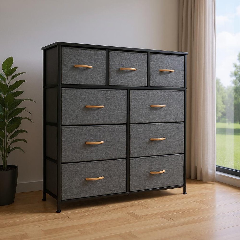 39" Gray Wood Steel And Fabric Nine Drawer Triple Dresser