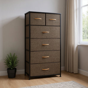 23" Brown Steel and Fabric Six Drawer Combo Dresser