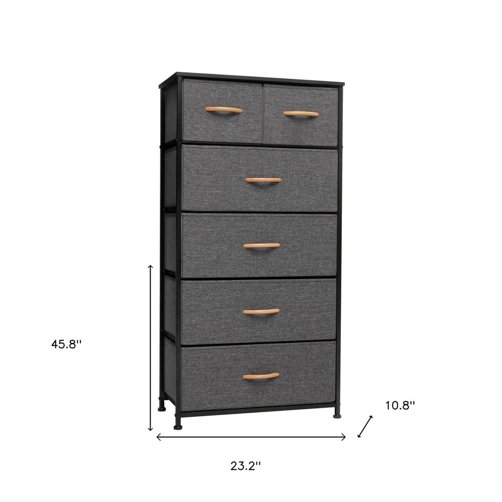 23" Gray and Black Steel and Fabric Six Drawer Chest