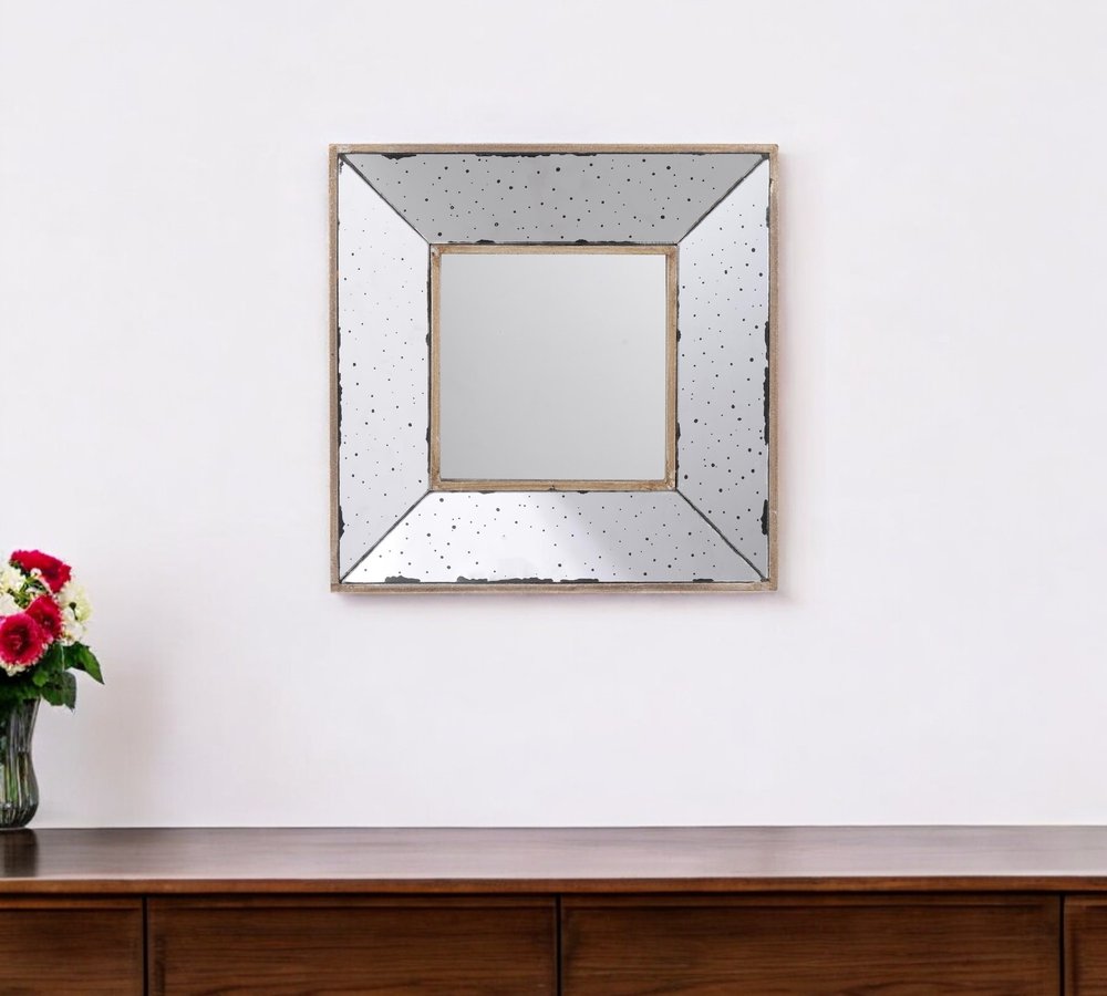 12" Square Wall Mounted Vintage Style Glass Frame Accent Mirror