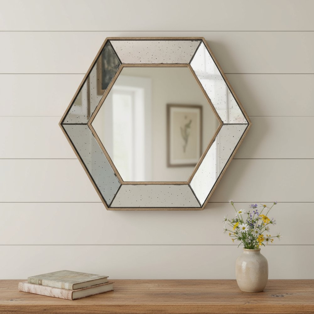 18" Hexagon Wall Mounted Vintage Style Glass Frame Accent Mirror