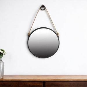 30" Black Fame Round Wall Hanging Accent Mirror with Rope