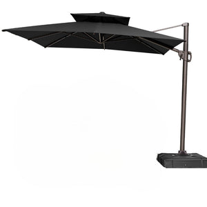 11' Black Polyester Round Tilt Cantilever Patio Umbrella with Stand