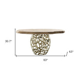 63" Brown And Brass Rounded Solid Wood And Iron Pedestal Base Dining Table