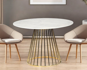 43" White And Gold Rounded Stainless Steel Pedestal Base Dining Table