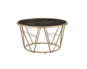 33" Black and Champagne Glass And Faux Marble And Metal Round Frame Coffee Table