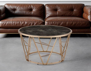 33" Black and Champagne Glass And Faux Marble And Metal Round Frame Coffee Table