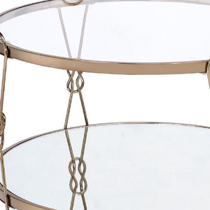 32" Silver and Champagne Mirrored Glass And Metal Round Frame Coffee Table With Shelf