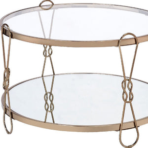 32" Silver and Champagne Mirrored Glass And Metal Round Frame Coffee Table With Shelf